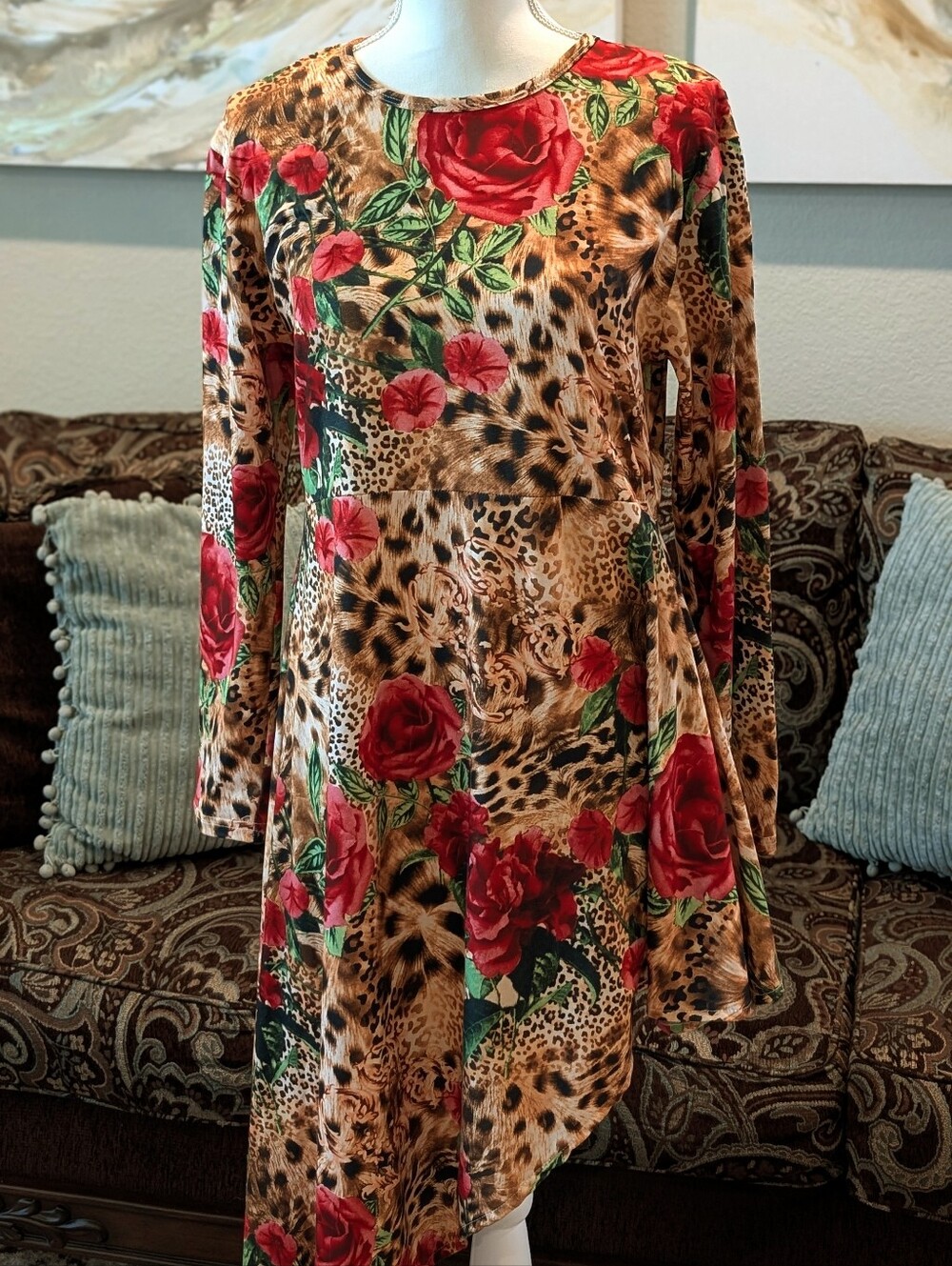 Asymmetrical Floral & Leopard Print Tunic Dress - Picture 2 of 3